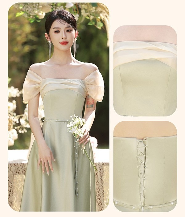 ブライズメイド ドレス ロング丈 グリーン サテンドレス 袖付き 二次会 大きいサイズ 結婚式 体型カバー 半袖 フリル オフショルダー 謝恩会 二次会 卒業式 花嫁 ピアノ 発表会 ドレス 演奏会