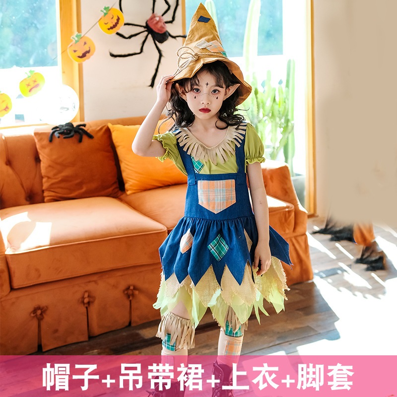 ハロウィンの子供用コスチュームベビー子供服かかしの田園ドレススカート女の子のピエロの魔女のパフォーマンスコスチューム ハロウィンの子供用コスチュームベビー子供服かかしの田園ドレススカート女の子のピエロの魔女のパフォーマンスコスチューム