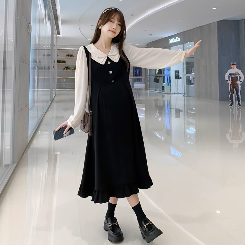 ワンピース マタニティ 授乳口付き レイヤード風 襟付き Vネック パフスリーブ フレア レディース 大人可愛い ママコーデ ママファッション ママ服 マタニティウェア 人気 ゆったり