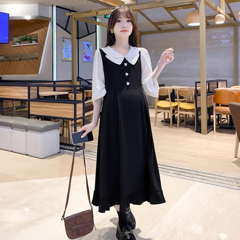 ワンピース マタニティ 授乳口付き レイヤード風 襟付き Vネック パフスリーブ フレア レディース 大人可愛い ママコーデ ママファッション ママ服 マタニティウェア 人気 ゆったり