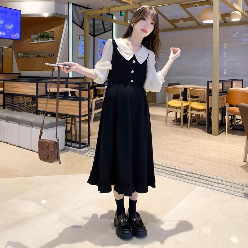 ワンピース マタニティ 授乳口付き レイヤード風 襟付き Vネック パフスリーブ フレア レディース 大人可愛い ママコーデ ママファッション ママ服 マタニティウェア 人気 ゆったり