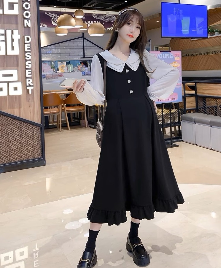 ワンピース マタニティ 授乳口付き レイヤード風 襟付き Vネック パフスリーブ フレア レディース 大人可愛い ママコーデ ママファッション ママ服 マタニティウェア 人気 ゆったり