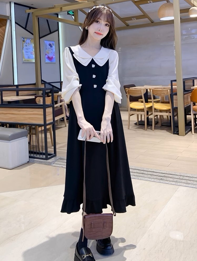 ワンピース マタニティ 授乳口付き レイヤード風 襟付き Vネック パフスリーブ フレア レディース 大人可愛い ママコーデ ママファッション ママ服 マタニティウェア 人気 ゆったり