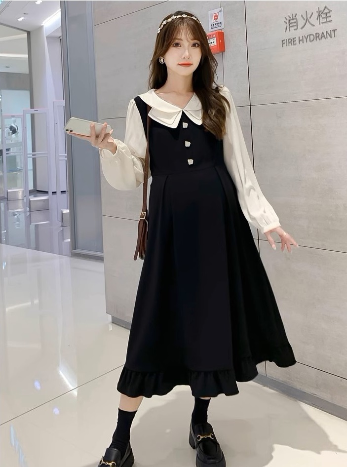 ワンピース マタニティ 授乳口付き レイヤード風 襟付き Vネック パフスリーブ フレア レディース 大人可愛い ママコーデ ママファッション ママ服 マタニティウェア 人気 ゆったり