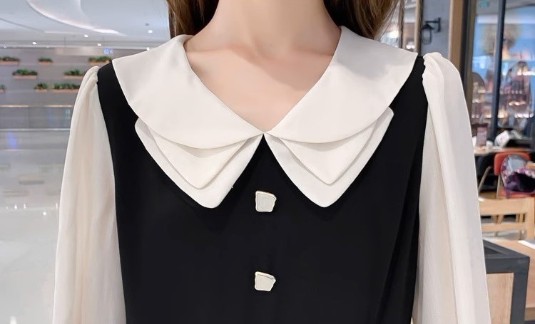 ワンピース マタニティ 授乳口付き レイヤード風 襟付き Vネック パフスリーブ フレア レディース 大人可愛い ママコーデ ママファッション ママ服 マタニティウェア 人気 ゆったり