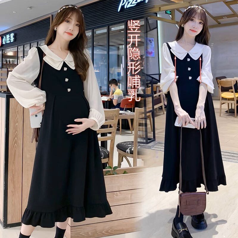 ワンピース マタニティ 授乳口付き レイヤード風 襟付き Vネック パフスリーブ フレア レディース 大人可愛い ママコーデ ママファッション ママ服 マタニティウェア 人気 ゆったり