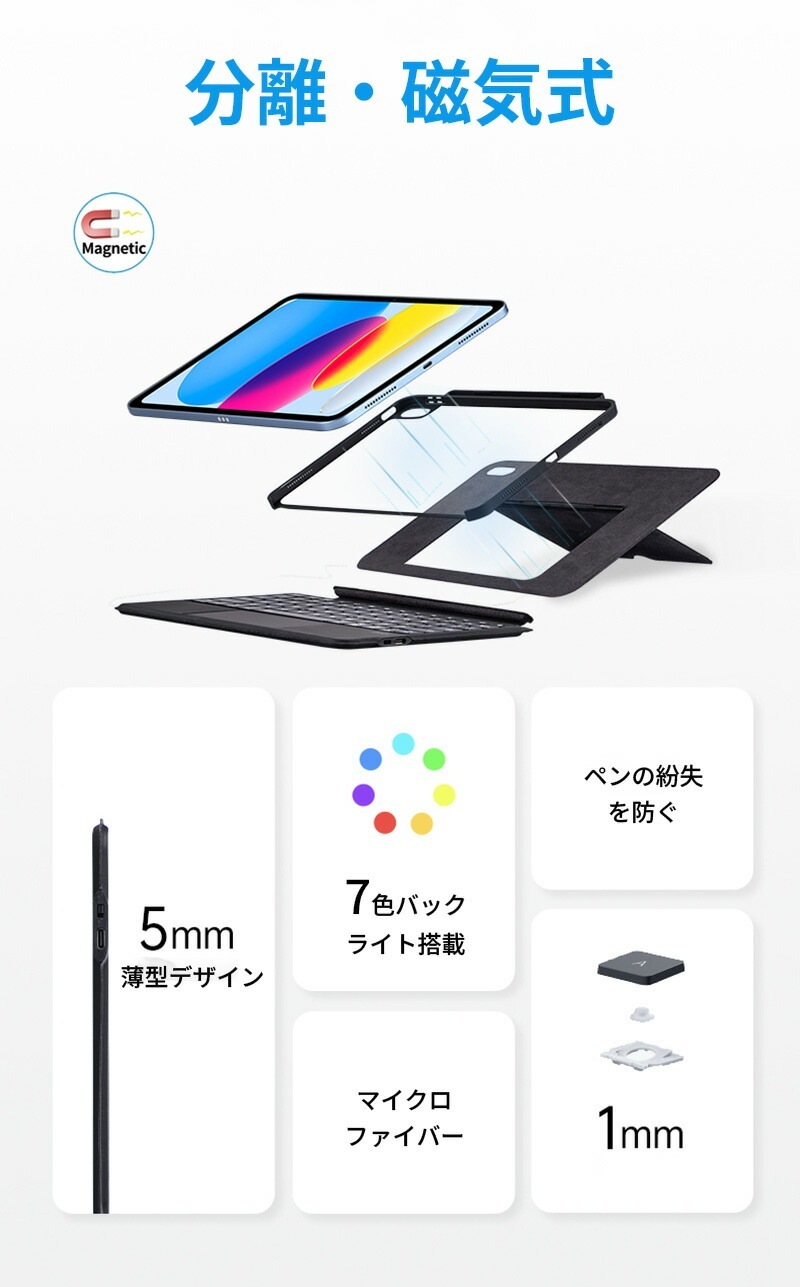 ipad 11th 11インチ 2025 キーボード ケース iPad 第10世代 10.9インチ 横/縦置き キーボード付きケース 7色バックライト トラックパッド付きスマートキーボード iPad