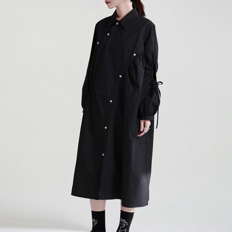 秋服レディースシャツワンピース黒可愛いブラウス長袖トップスロング韓国ファッション着痩せ効果