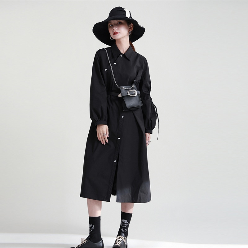 秋服レディースシャツワンピース黒可愛いブラウス長袖トップスロング韓国ファッション着痩せ効果