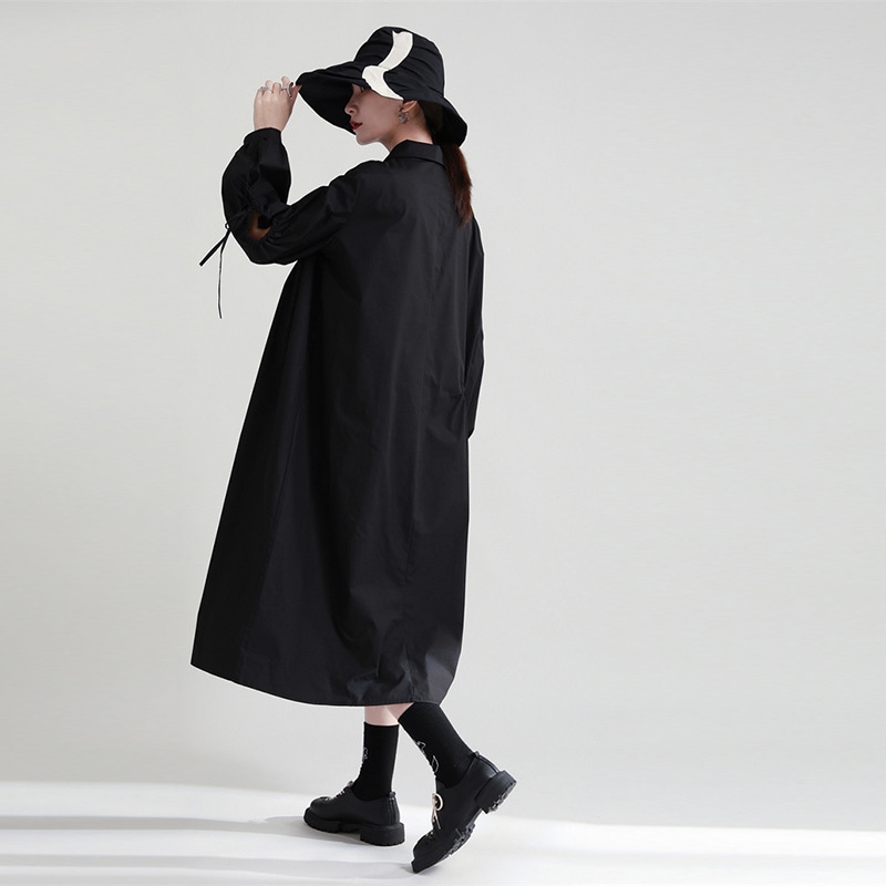 秋服レディースシャツワンピース黒可愛いブラウス長袖トップスロング韓国ファッション着痩せ効果