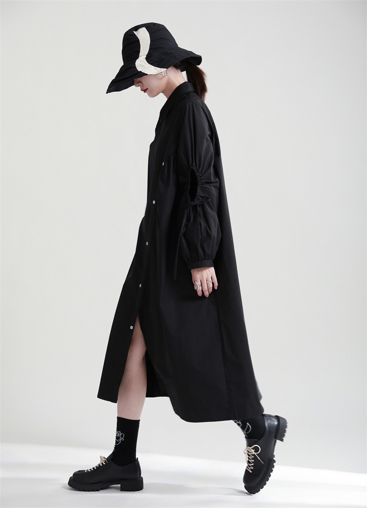 秋服レディースシャツワンピース黒可愛いブラウス長袖トップスロング韓国ファッション着痩せ効果