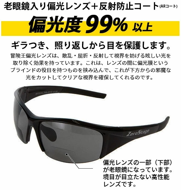 偏光サングラス 老眼鏡入 冒険王 ボウケンオウ 通販 サングラス 偏光 シニアグラス 老眼鏡入サングラス ゼロステージ バイフォーカル 偏光グラス ブルーライトカット UVカット 紫外線対策 スモーク