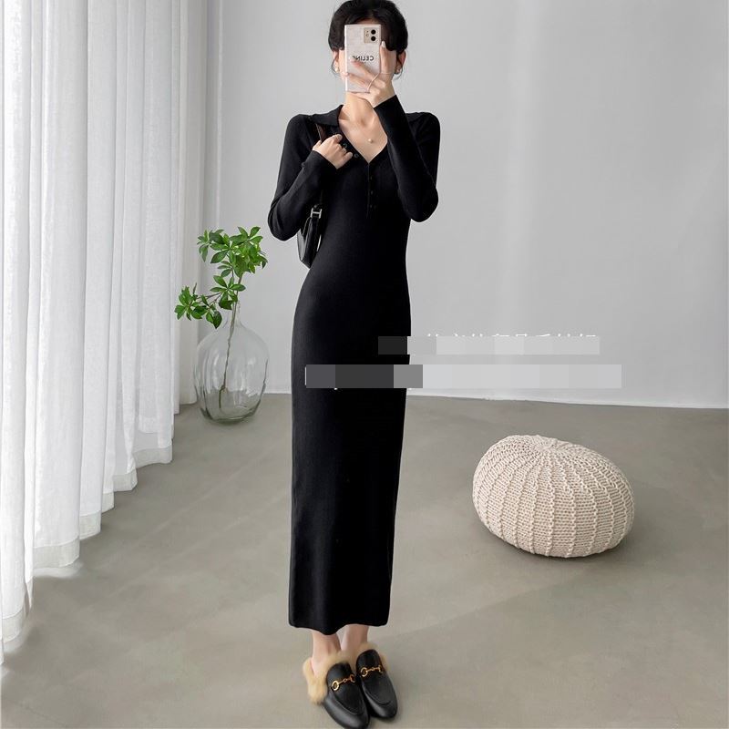 ワンピース　ロングワンピース　ロング　膝丈　膝上　ニットワンピース　裏起毛　タイト　スリム　ウエストマーク　キレイ目　大人　おしゃれ　シンプル　韓国　カワイイ　エレガント　美シルエット　清楚感　女子会