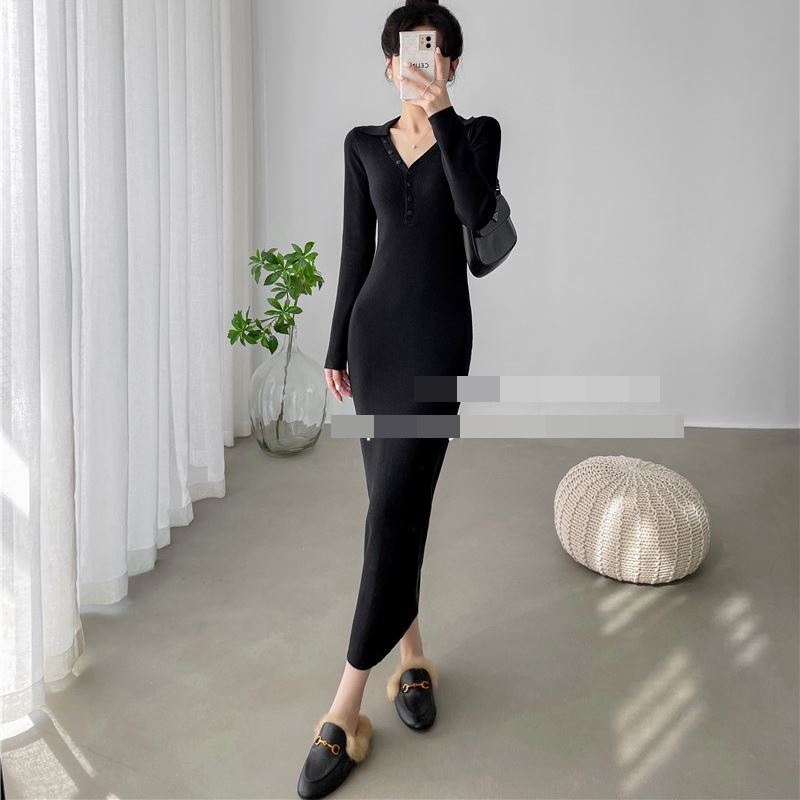 ワンピース　ロングワンピース　ロング　膝丈　膝上　ニットワンピース　裏起毛　タイト　スリム　ウエストマーク　キレイ目　大人　おしゃれ　シンプル　韓国　カワイイ　エレガント　美シルエット　清楚感　女子会