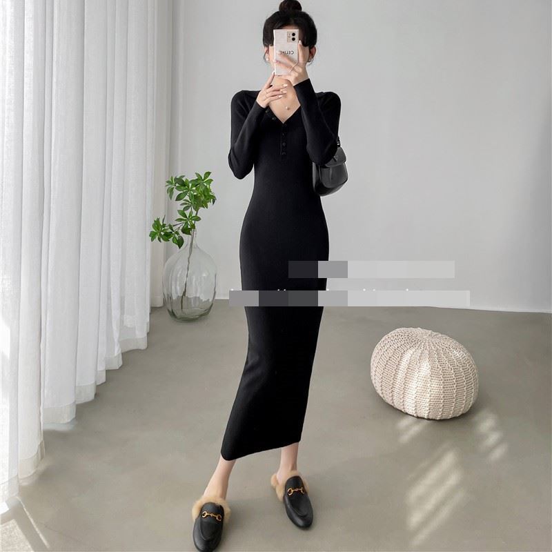 ワンピース　ロングワンピース　ロング　膝丈　膝上　ニットワンピース　裏起毛　タイト　スリム　ウエストマーク　キレイ目　大人　おしゃれ　シンプル　韓国　カワイイ　エレガント　美シルエット　清楚感　女子会