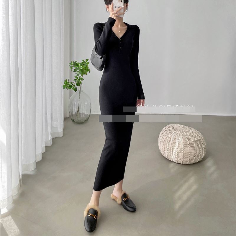 ワンピース　ロングワンピース　ロング　膝丈　膝上　ニットワンピース　裏起毛　タイト　スリム　ウエストマーク　キレイ目　大人　おしゃれ　シンプル　韓国　カワイイ　エレガント　美シルエット　清楚感　女子会