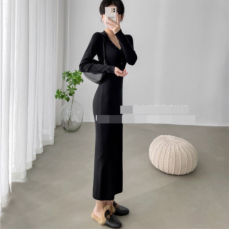 ワンピース　ロングワンピース　ロング　膝丈　膝上　ニットワンピース　裏起毛　タイト　スリム　ウエストマーク　キレイ目　大人　おしゃれ　シンプル　韓国　カワイイ　エレガント　美シルエット　清楚感　女子会