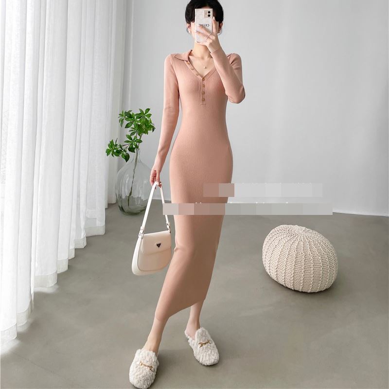 ワンピース　ロングワンピース　ロング　膝丈　膝上　ニットワンピース　裏起毛　タイト　スリム　ウエストマーク　キレイ目　大人　おしゃれ　シンプル　韓国　カワイイ　エレガント　美シルエット　清楚感　女子会