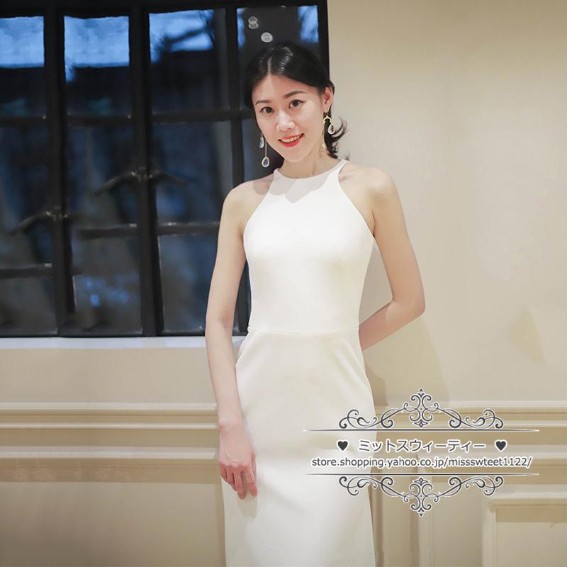 ウェディングドレス二次会結婚式ブライダルロング丈ホルターネックスレンダーラインノースリーブ前撮り海外挙式花嫁ウエディングパーティードレス