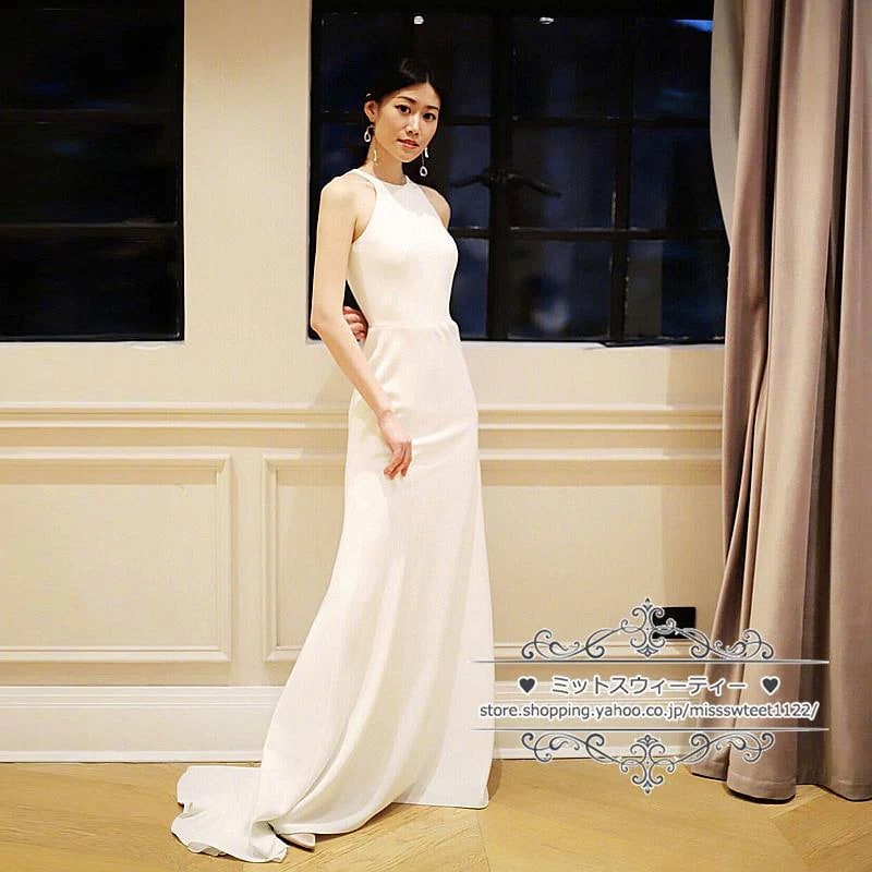 ウェディングドレス二次会結婚式ブライダルロング丈ホルターネックスレンダーラインノースリーブ前撮り海外挙式花嫁ウエディングパーティードレス