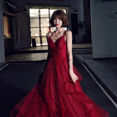 Qoo10] ロングドレス カラードレス 赤 黒 パー : レディース服