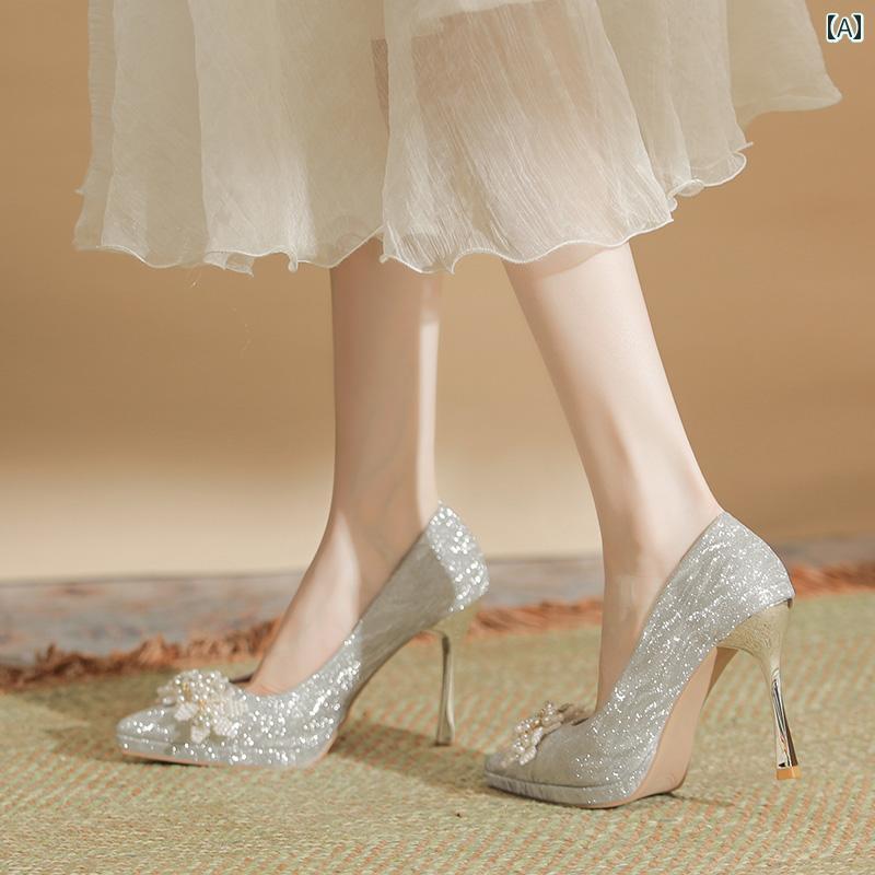 【人気商品】ヒール レディース パンプス 美脚 フラワー メイン ウェディングシューズ ウェディングドレス 2 着 ブライダル シューズ フレンチ エンゲージメント ハイヒール シャンパン カラー