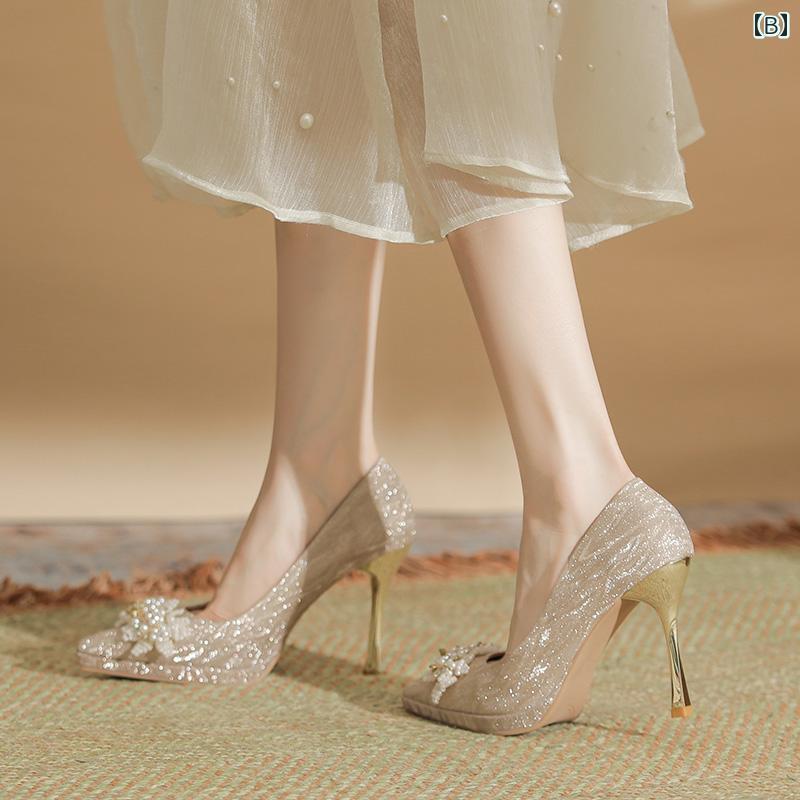 【人気商品】ヒール レディース パンプス 美脚 フラワー メイン ウェディングシューズ ウェディングドレス 2 着 ブライダル シューズ フレンチ エンゲージメント ハイヒール シャンパン カラー