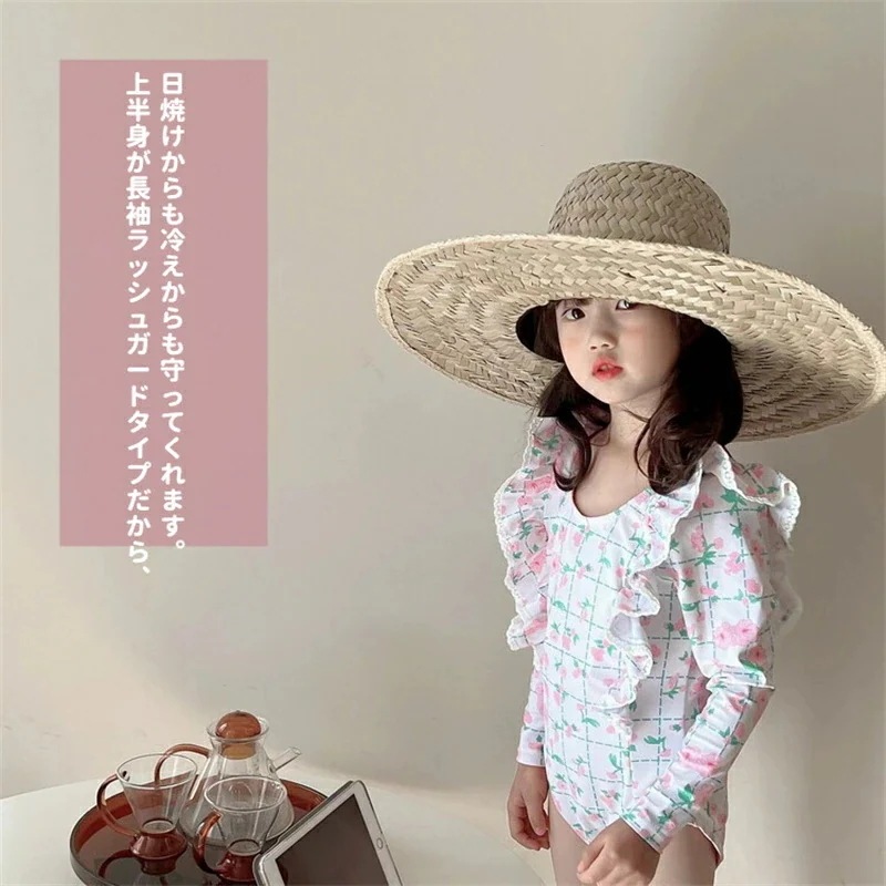 子供水着 女の子 ワンピース 長袖 帽子付き キッズ水着 フリル 可愛い 花柄 キッズ 水着 女の子水着 キャップ付き キッズ スクール水着 みずぎ 紫外線対策 ストレッチ 女児 ガールズ 水着 小学