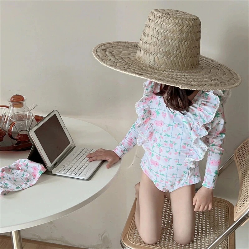 子供水着 女の子 ワンピース 長袖 帽子付き キッズ水着 フリル 可愛い 花柄 キッズ 水着 女の子水着 キャップ付き キッズ スクール水着 みずぎ 紫外線対策 ストレッチ 女児 ガールズ 水着 小学