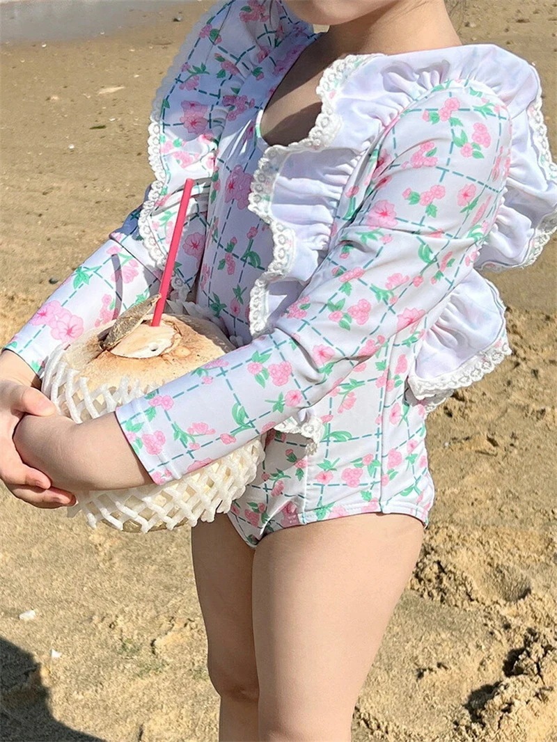 子供水着 女の子 ワンピース 長袖 帽子付き キッズ水着 フリル 可愛い 花柄 キッズ 水着 女の子水着 キャップ付き キッズ スクール水着 みずぎ 紫外線対策 ストレッチ 女児 ガールズ 水着 小学