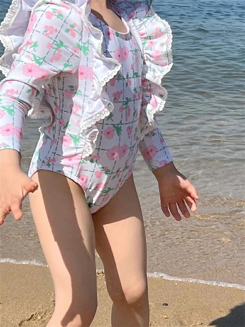 子供水着 女の子 ワンピース 長袖 帽子付き キッズ水着 フリル 可愛い 花柄 キッズ 水着 女の子水着 キャップ付き キッズ スクール水着 みずぎ 紫外線対策 ストレッチ 女児 ガールズ 水着 小学