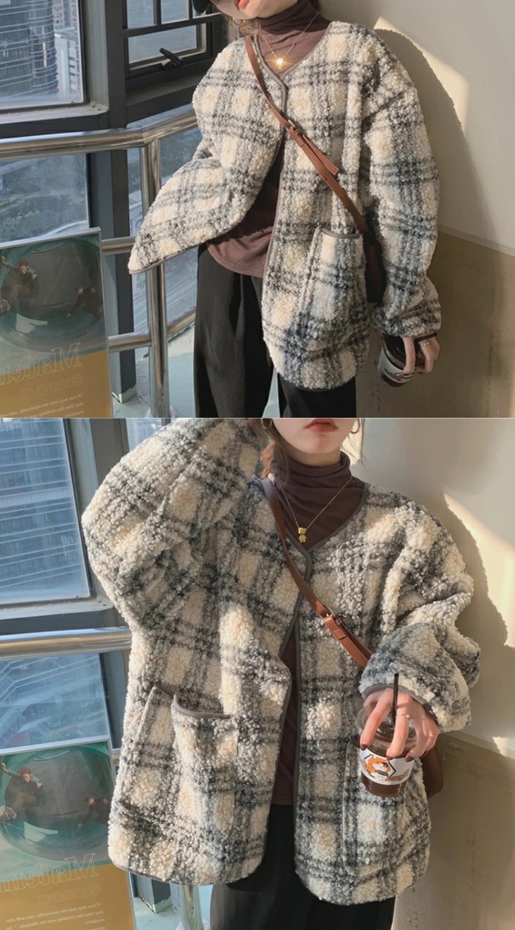 ジャケット ボア チェック ノーカラー オーバーサイズ チェック柄 ボアジャケット ブルゾン フリース 長袖 アウター 羽織り ゆったり カジュアル 秋冬 あったか 防寒 おしゃれ レディース 韓国