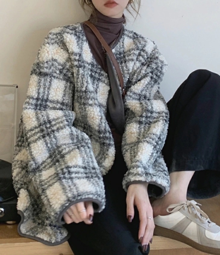ジャケット ボア チェック ノーカラー オーバーサイズ チェック柄 ボアジャケット ブルゾン フリース 長袖 アウター 羽織り ゆったり カジュアル 秋冬 あったか 防寒 おしゃれ レディース 韓国