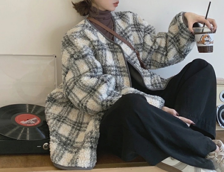 ジャケット ボア チェック ノーカラー オーバーサイズ チェック柄 ボアジャケット ブルゾン フリース 長袖 アウター 羽織り ゆったり カジュアル 秋冬 あったか 防寒 おしゃれ レディース 韓国