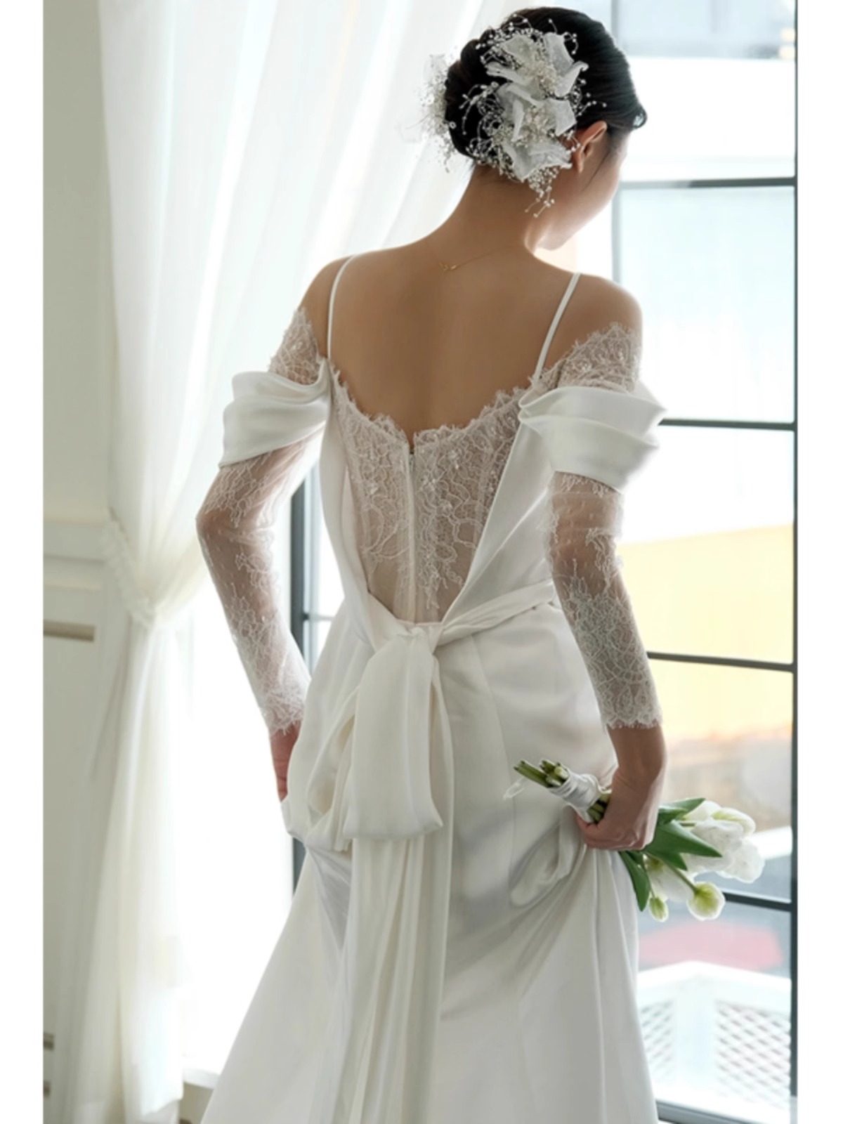 ワンショルダーフレンチライトウエディングドレス2023新型サスペンダーシンプル韓国式迎賓のお出かけ花嫁レースドレス