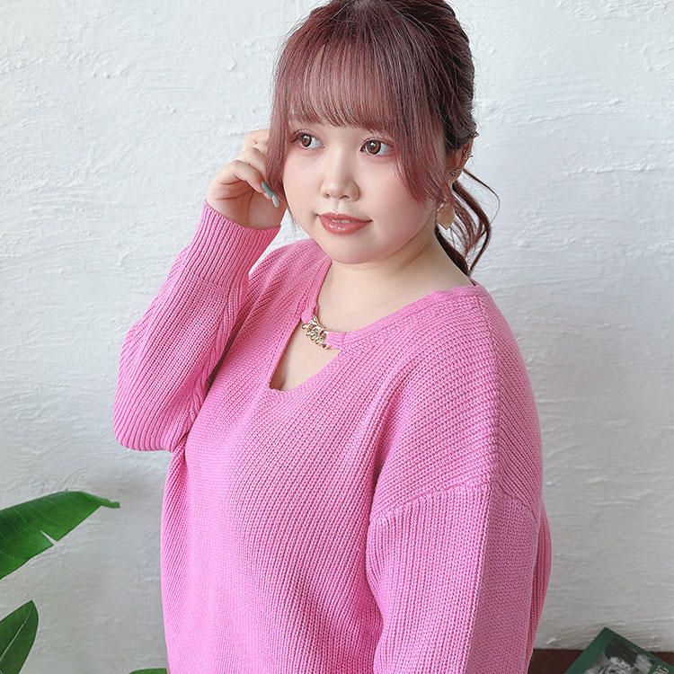 大きいサイズレディース トップス ニット チェーン付きリブニット チェーン付き アクセ付き Vネック ドロップショルダー 長袖 ストレッチ 無地 シンプル 秋新作 冬服 春服 LL 2L 3L 4L