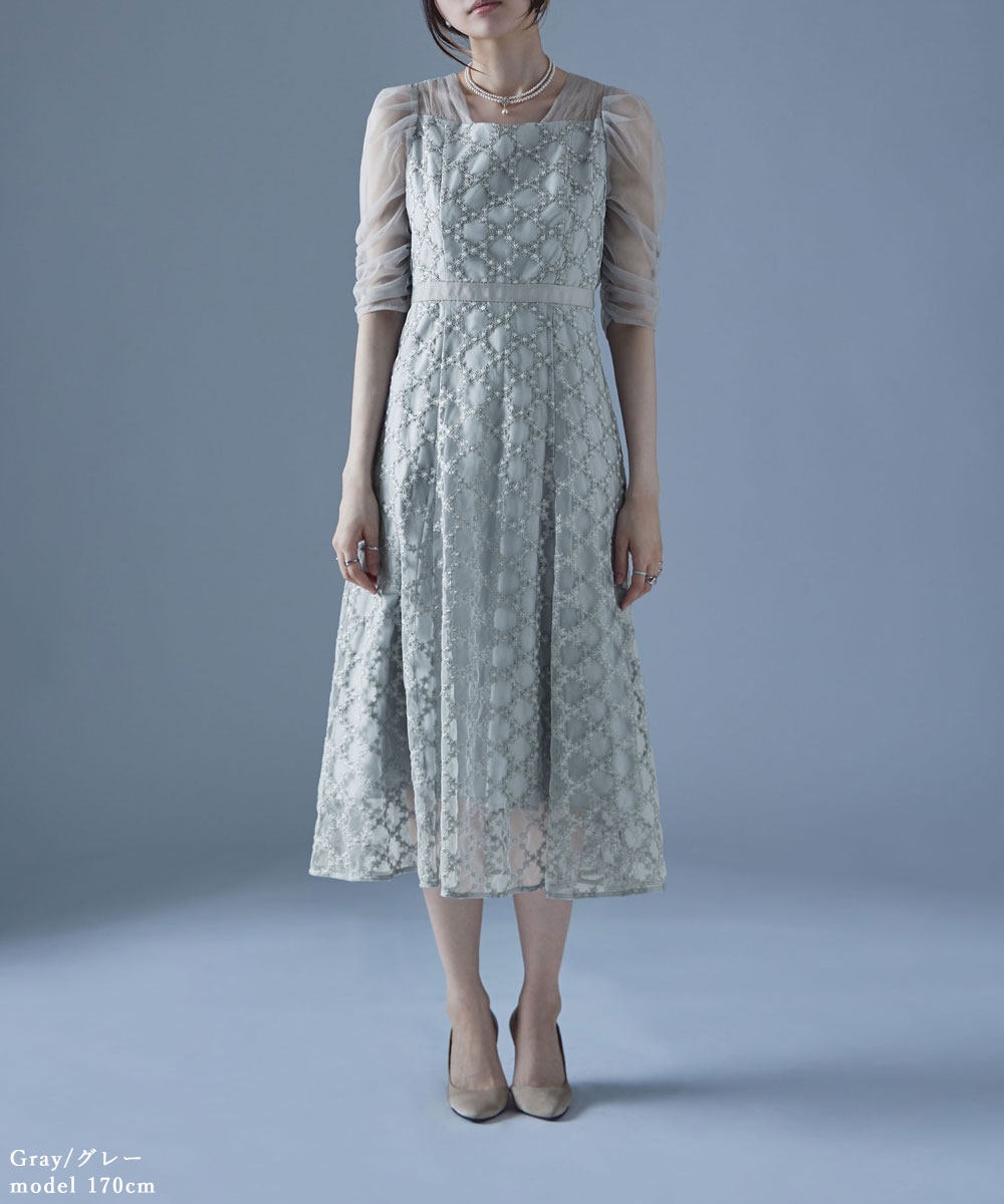 フラワーダイアゴナルチェックフレアドレス ワンピース ワンピ ドレス 五分袖 ロング マキシ丈 オケワンピ スクエアネック フレア レース 小花柄 花柄 チェック柄 シアー 結婚式 二次会