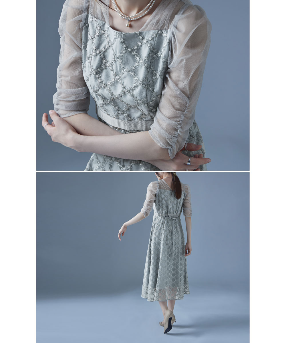 フラワーダイアゴナルチェックフレアドレス ワンピース ワンピ ドレス 五分袖 ロング マキシ丈 オケワンピ スクエアネック フレア レース 小花柄 花柄 チェック柄 シアー 結婚式 二次会