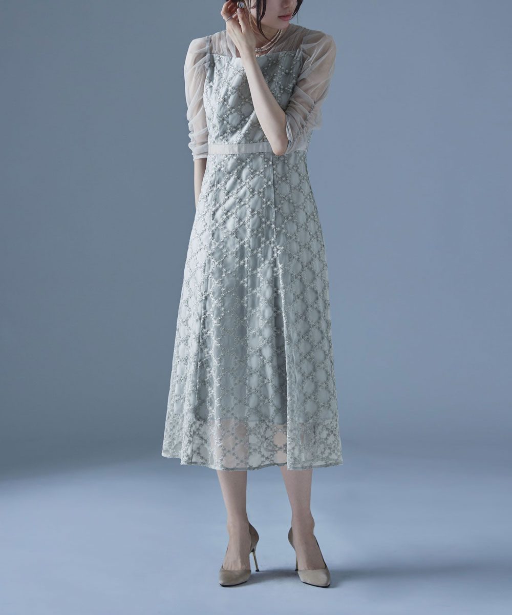 フラワーダイアゴナルチェックフレアドレス ワンピース ワンピ ドレス 五分袖 ロング マキシ丈 オケワンピ スクエアネック フレア レース 小花柄 花柄 チェック柄 シアー 結婚式 二次会