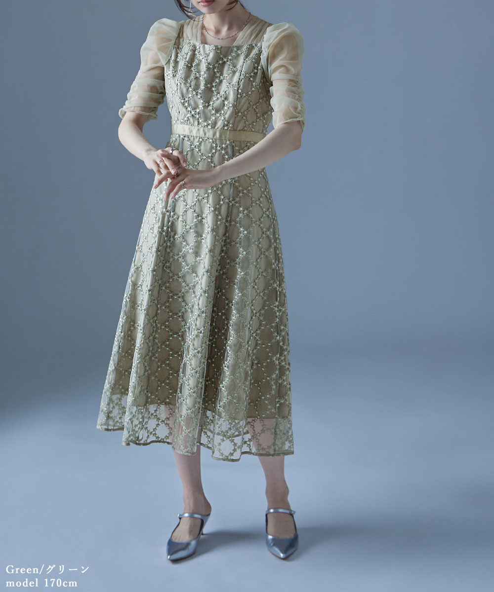 フラワーダイアゴナルチェックフレアドレス ワンピース ワンピ ドレス 五分袖 ロング マキシ丈 オケワンピ スクエアネック フレア レース 小花柄 花柄 チェック柄 シアー 結婚式 二次会