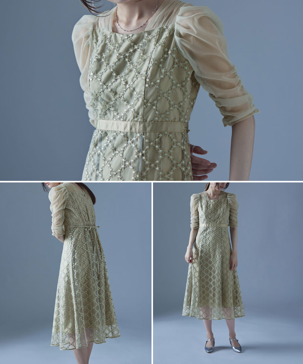 フラワーダイアゴナルチェックフレアドレス ワンピース ワンピ ドレス 五分袖 ロング マキシ丈 オケワンピ スクエアネック フレア レース 小花柄 花柄 チェック柄 シアー 結婚式 二次会