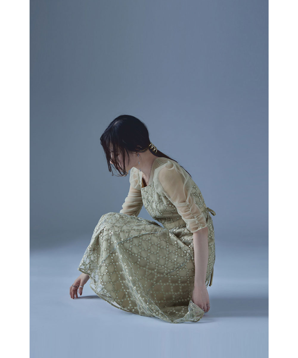 フラワーダイアゴナルチェックフレアドレス ワンピース ワンピ ドレス 五分袖 ロング マキシ丈 オケワンピ スクエアネック フレア レース 小花柄 花柄 チェック柄 シアー 結婚式 二次会