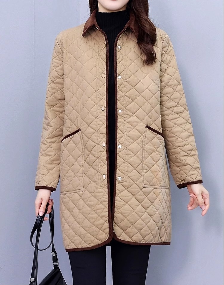 キルティングコート レディース ジャケット コート アウター 上着 膝上 長袖 襟付き スリム 細身 ストレート ポケット 前開き ボタン 大人可愛い きれいめ シンプル 上品 おしゃれ こなれ感