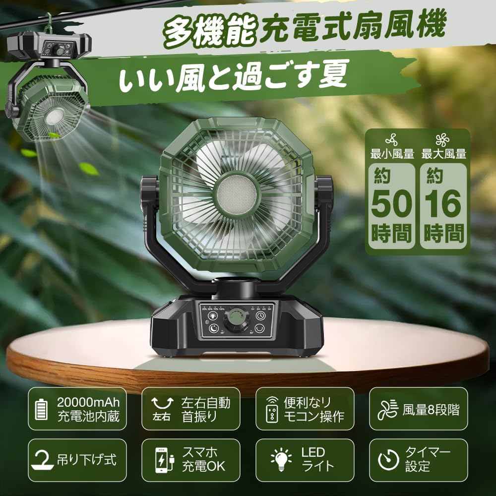 扇風機 多機能 キャンプ 充電式 風量8段階調節 20000mAh充電池内蔵 最大50時間連続使用 Type-C充電式 モバイルバッテリー機能 スマホ充電器 吊り下げ タイマー機能 自動首振り リモコ 扇風機 多機能 キャンプ 充電式 風量8段階調節 20000mAh充電池内蔵 最大50時間連続使用 Type-C充電式 モバイルバッテリー機能 スマホ充電器 吊り下げ タイマー機能 自動首振り リモコ