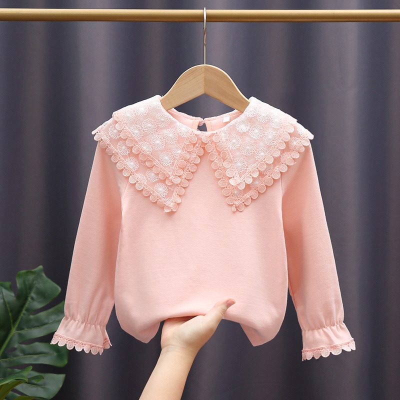 子供服 キッズ シャツ ミディアム丈 プルオーバー 長袖 ビックカラー 襟付き 刺繡 シースルー 韓国 レディース オルチャン 可愛い かわいい きちんと シンプル カジュアル 上品