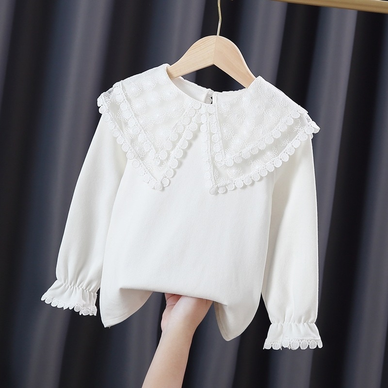 子供服 キッズ シャツ ミディアム丈 プルオーバー 長袖 ビックカラー 襟付き 刺繡 シースルー 韓国 レディース オルチャン 可愛い かわいい きちんと シンプル カジュアル 上品