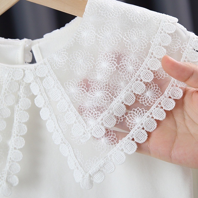 子供服 キッズ シャツ ミディアム丈 プルオーバー 長袖 ビックカラー 襟付き 刺繡 シースルー 韓国 レディース オルチャン 可愛い かわいい きちんと シンプル カジュアル 上品