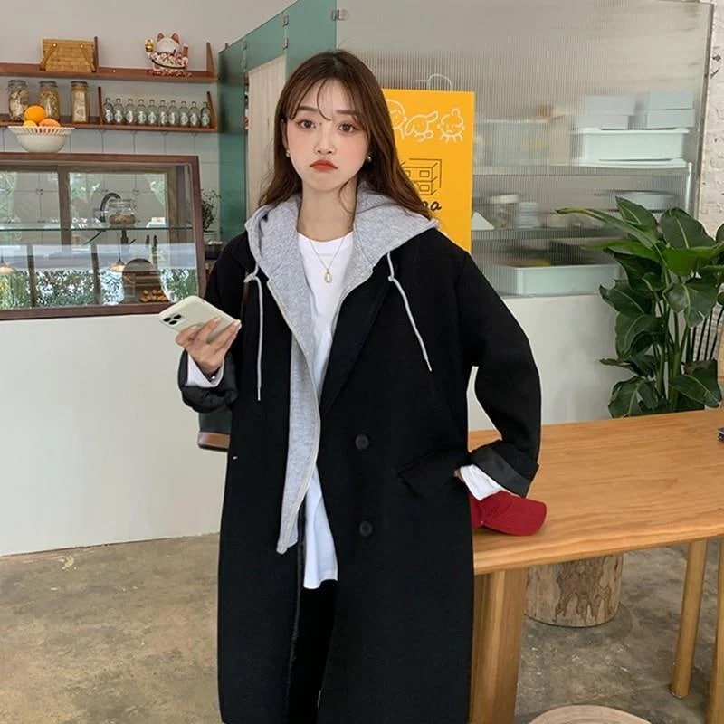 人気大人っぽチェスターコート 冬アウター フーデッドブラックコート女性韓国版秋冬コートルーズミディアムレングス学生 ロング トレンチコート レディース 韓国 通勤 人気大人っぽチェスターコート 冬アウター フーデッドブラックコート女性韓国版秋冬コートルーズミディアムレングス学生 ロング トレンチコート レディース 韓国 通勤