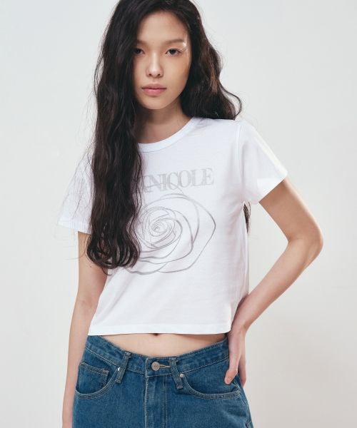 韓国女子 人気 ロゴTシャツ[NICK&NICOLE] BIG ROSE SLEEVE TOP NICK&NICOLE BIG ROSE SLEEVE TOP