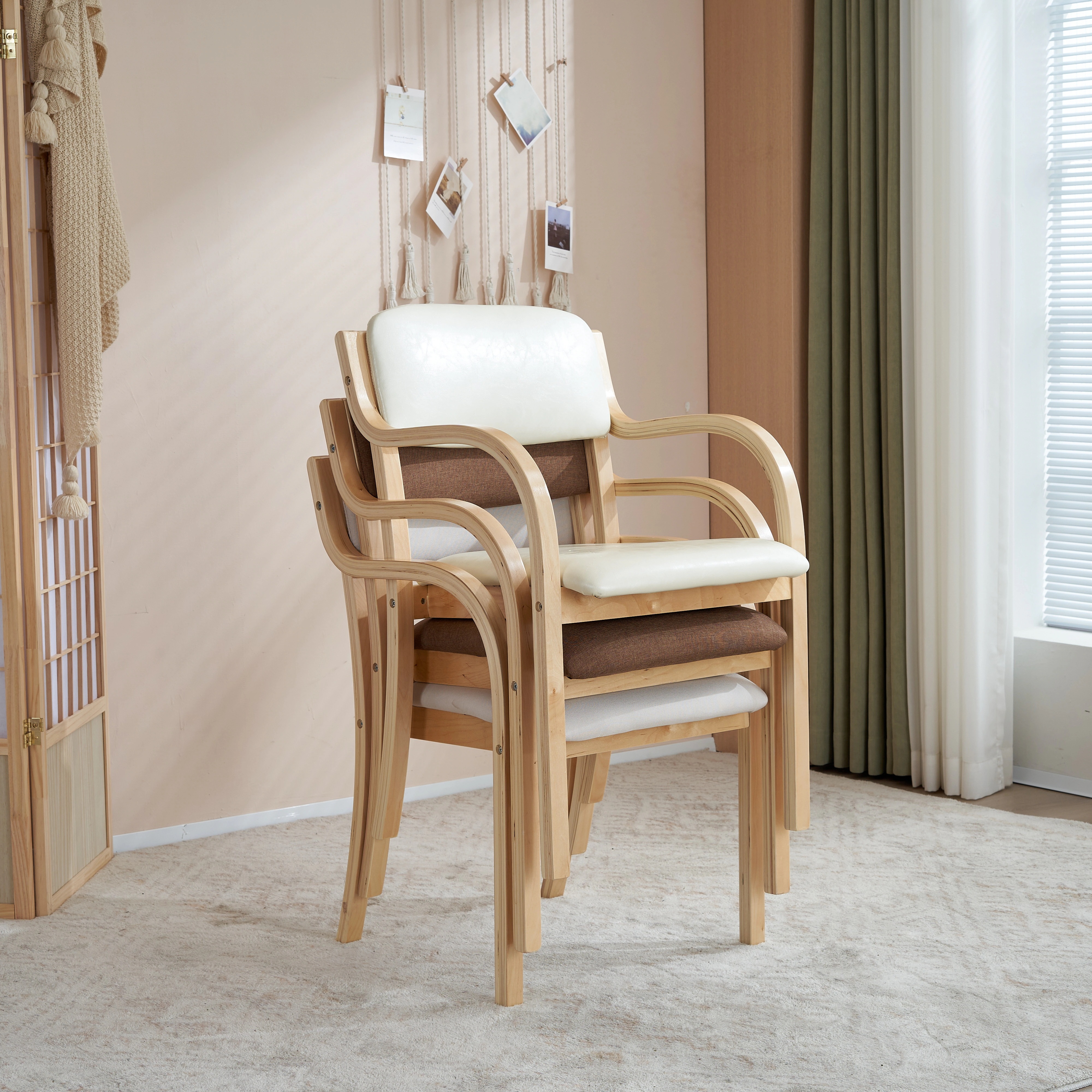 404【目玉新作】ベージュ PU ダイニングチェア 木製 椅子 介護チェア